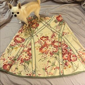 Anthropology Cotton A-Line Skirt: Cream, Pink/Green Florals & Bias Tape Pattern